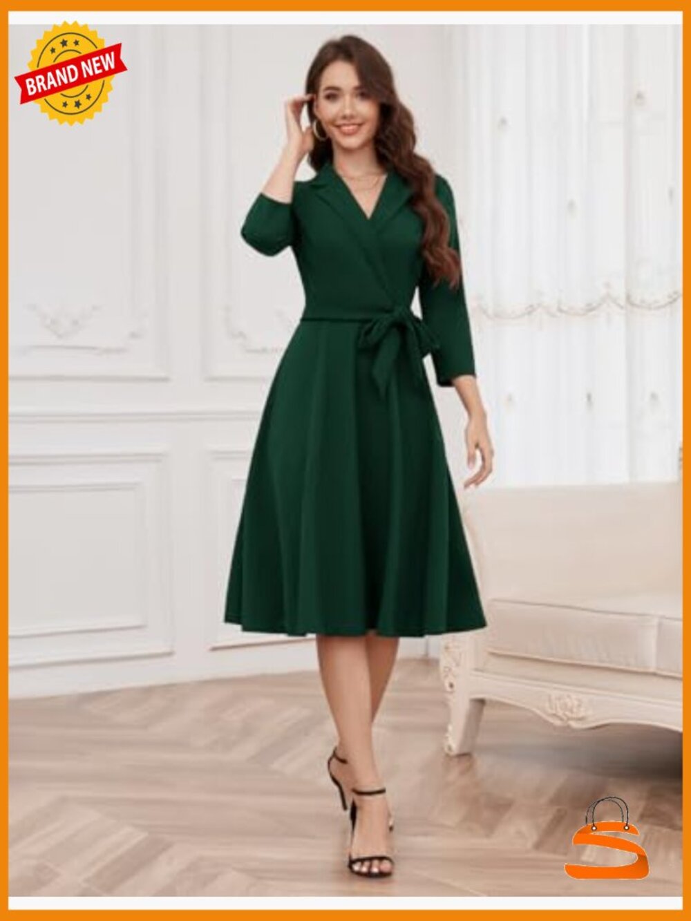 Fit and Flare 3/4 Sleeve Vintage Tea Dress Cocktail Party Formal Church Dress - Picture 4 of 7